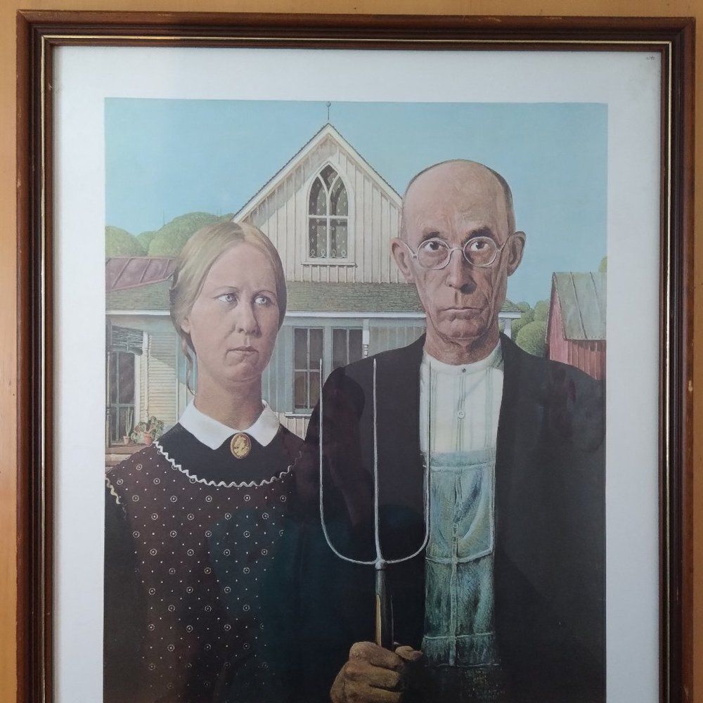 Vintage American Gothic Grant Wood Print Litho 1942 New York Graphic Society